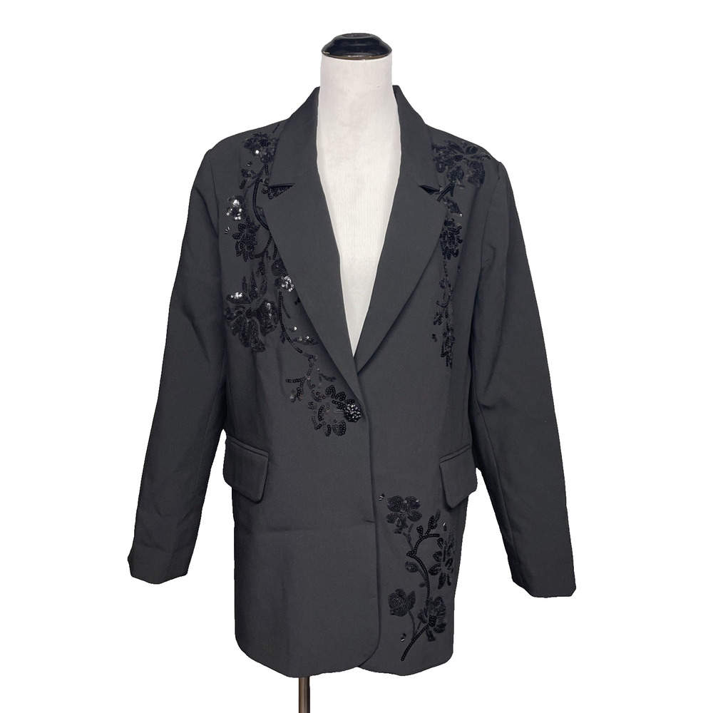 NVLT Womens Large Black Sequin Floral Blazer Jacket Stretch Embellished Evening